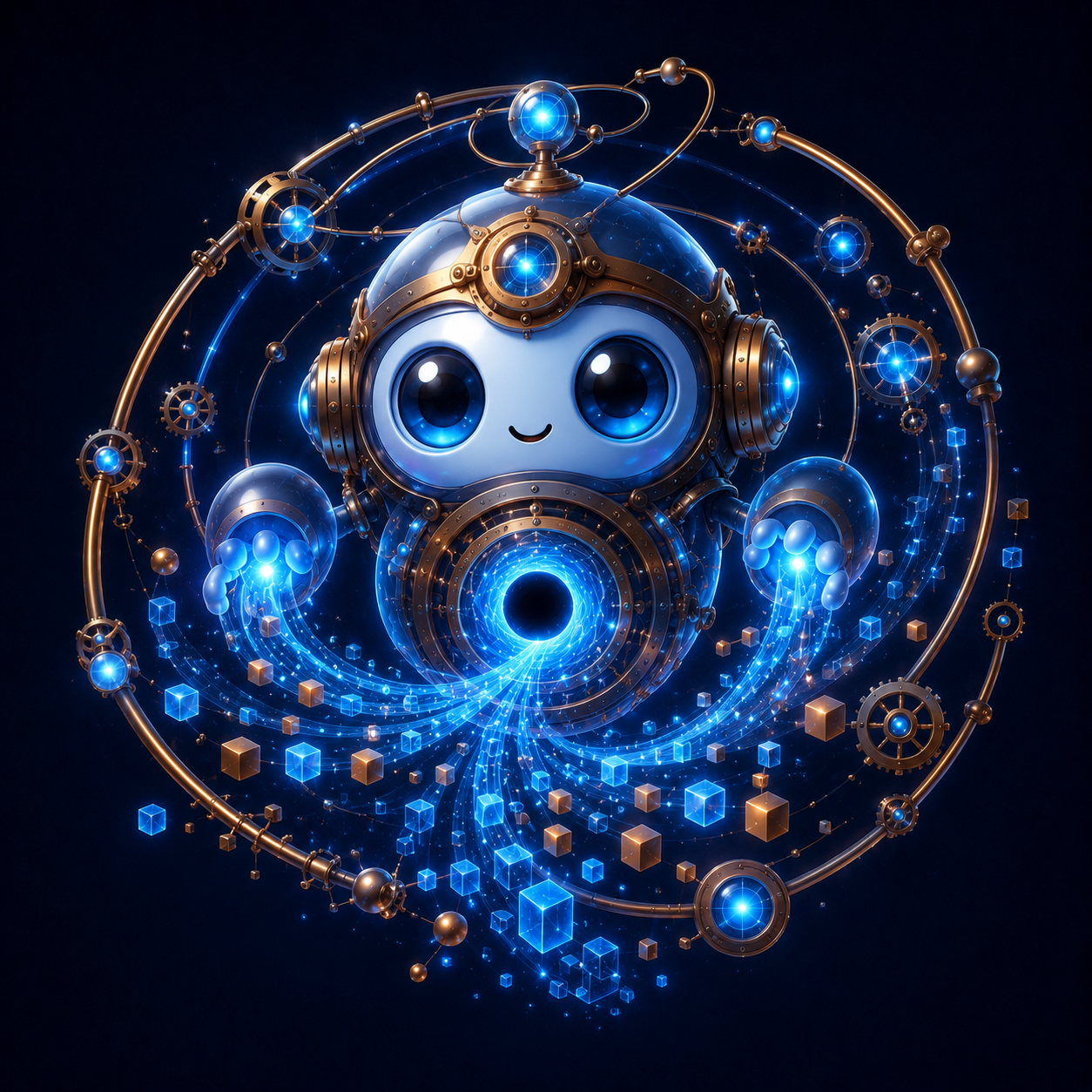 Friendly orbital compression guide with a glowing black-hole core and streams of data cubes