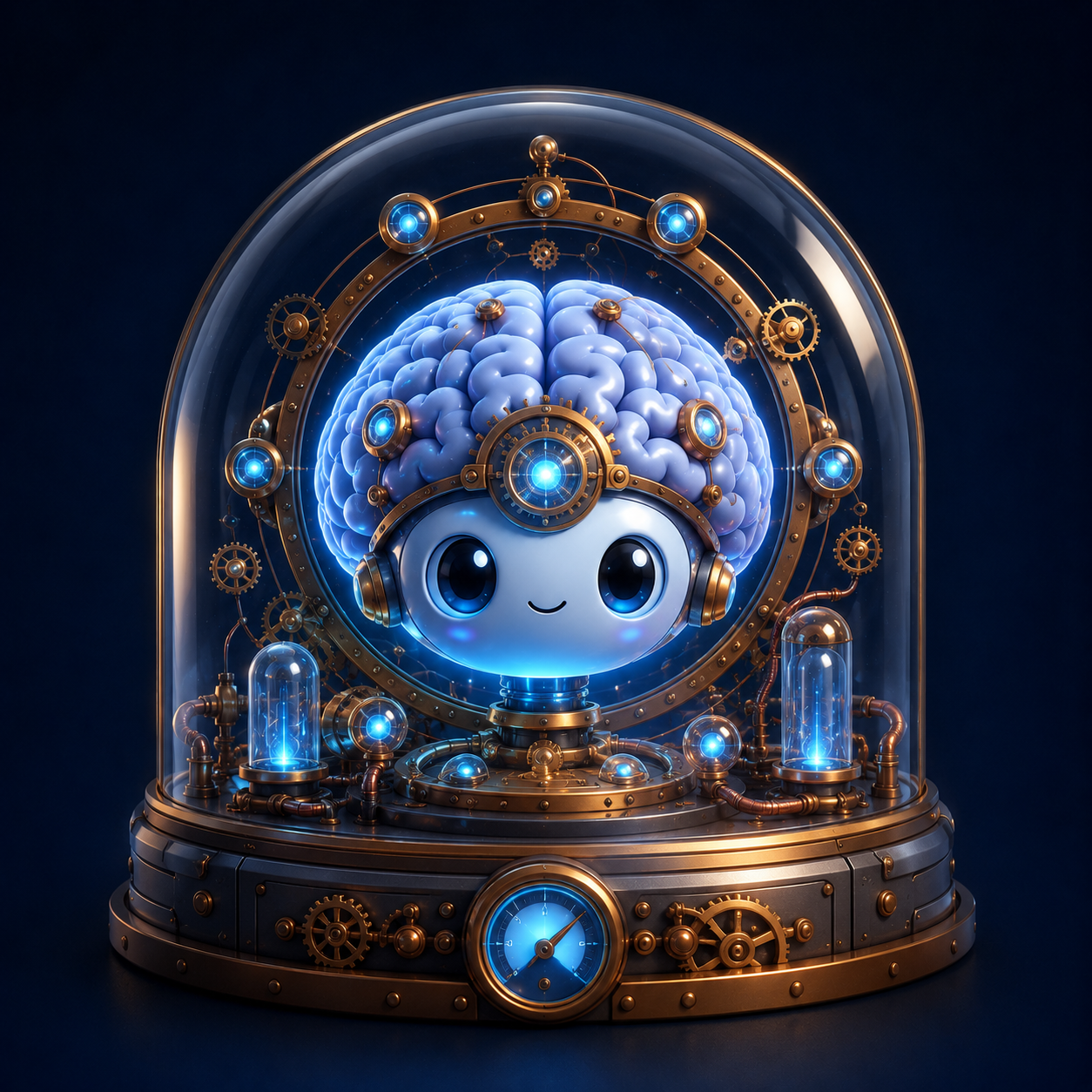 Friendly futuristic brain avatar representing the HMS memory harness