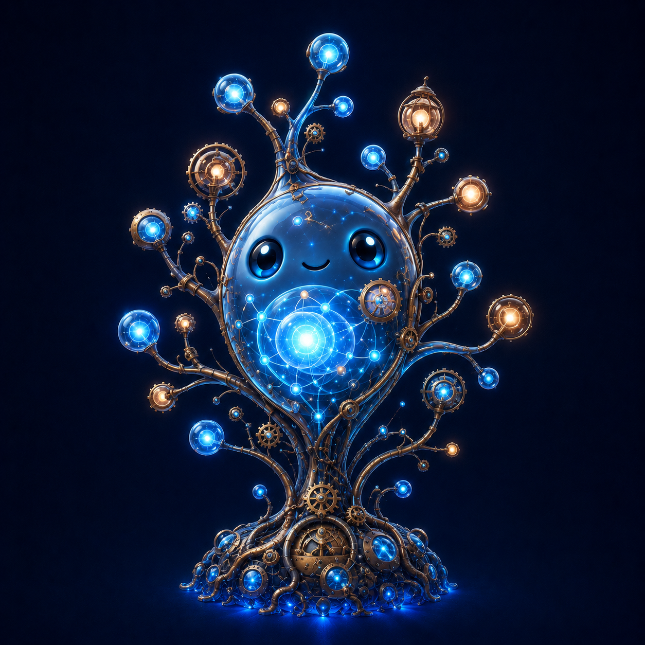 Friendly growing AI organism avatar representing PlasticNodeLM