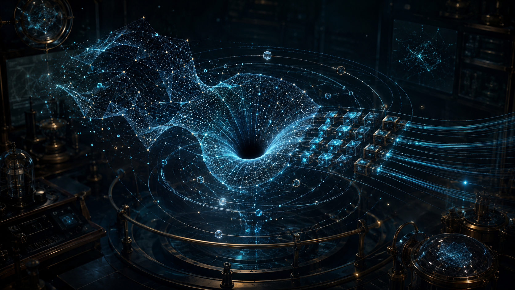 A luminous web of model information converging into a dark central core, with ordered data blocks emerging along blue signal paths.