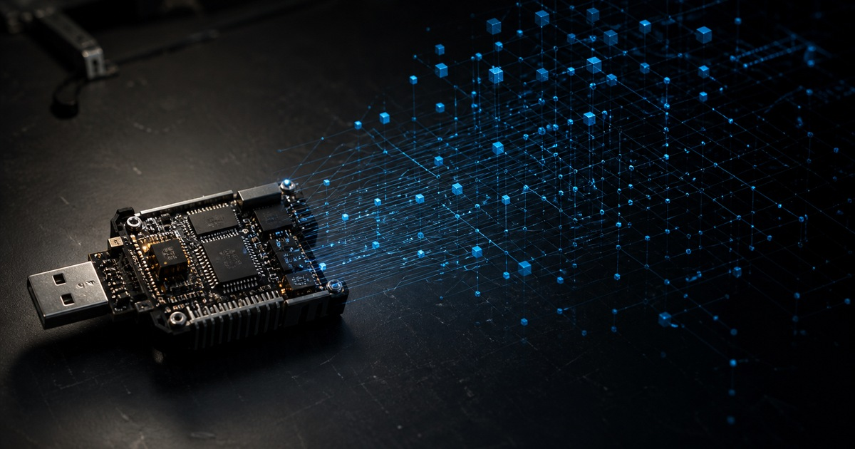 Compact USB mining hardware feeding sparse blue discoveries into a field of abstract 256-bit candidate states
