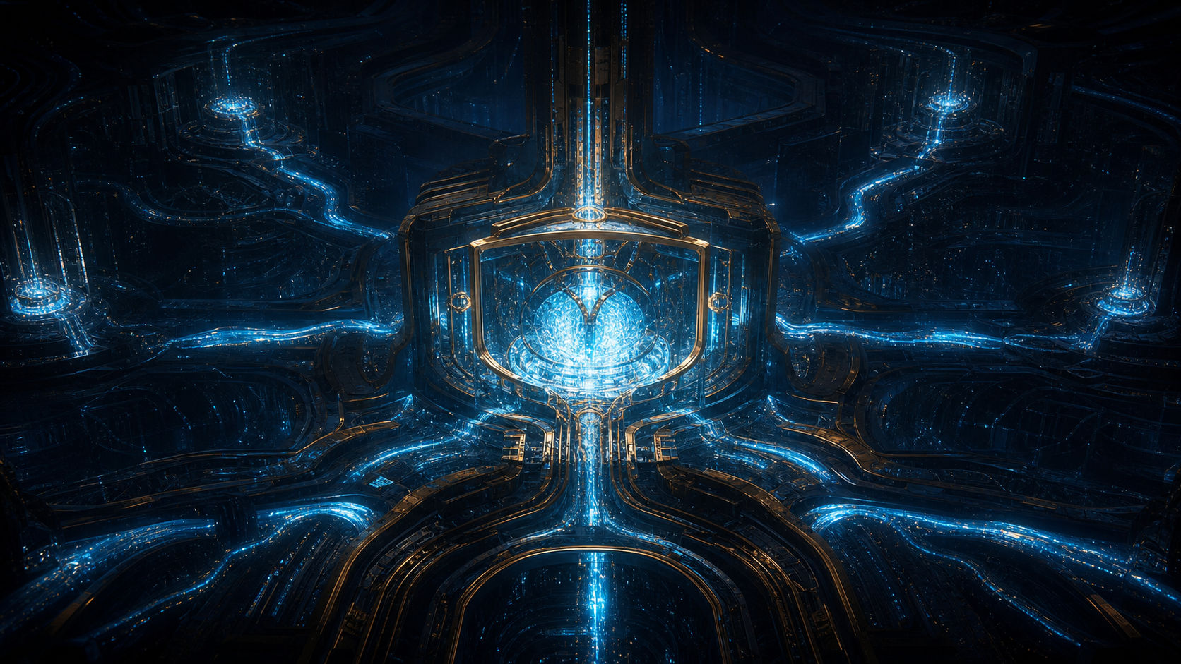 Abstract protected second-brain core with blue memory paths and copper structural bands