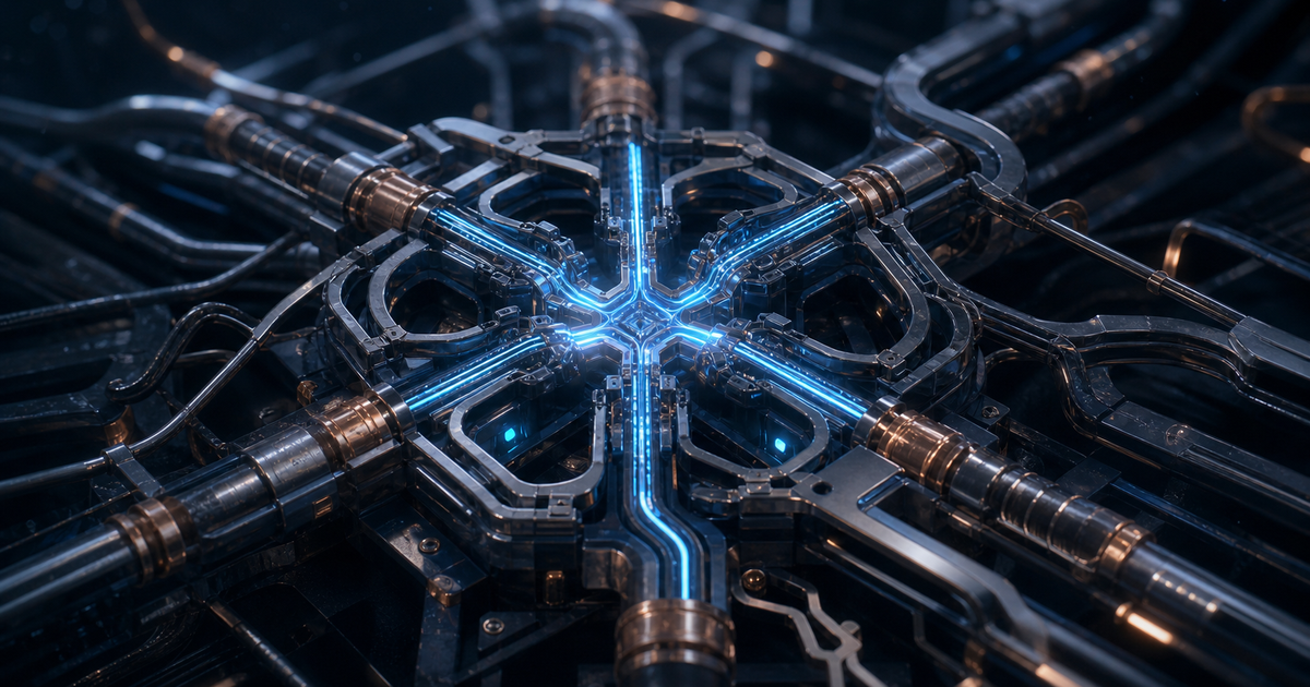 Abstract steel and copper structure carrying several distinct cyan paths through one shared core